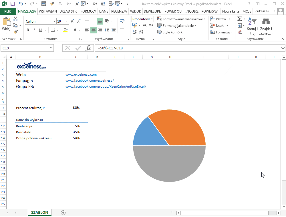 Jak zamienić wykres kołowy Excel na prędkościomierz